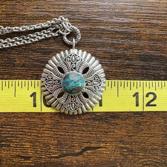 Sterling Silver 925 Turquoise Bezel Set Circle Pendant Necklace Size 18" Length - Picture 11 of 12
